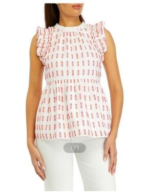 crown & ivy White Ruffle Blouse Tank Pink and Orange Geometric Eyelet Stitching